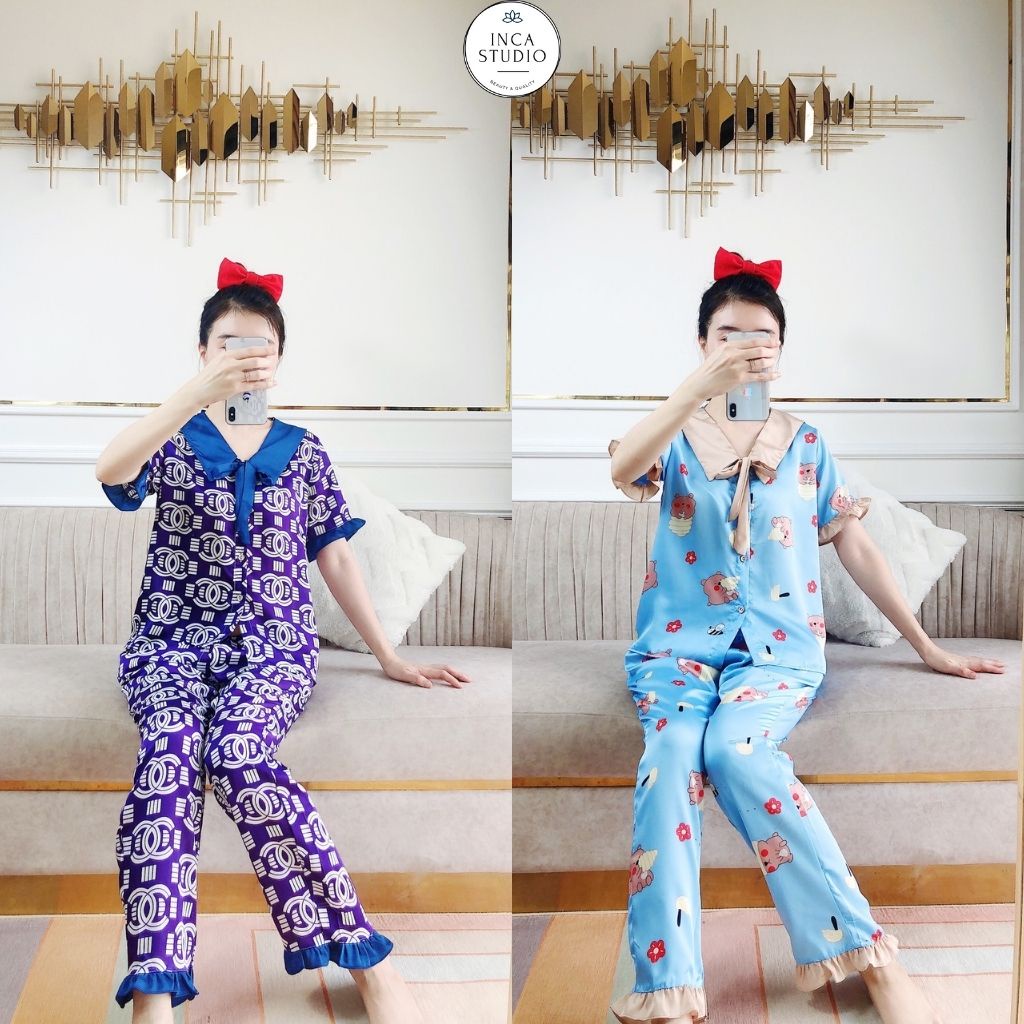 (Xả khoLoại 1-Có Size) Đồ ngủ Pyjama lụa Satin cộc dài họa tiết INCA 14- Chất Lụa thoáng mát, Họa tiết siêu xinh