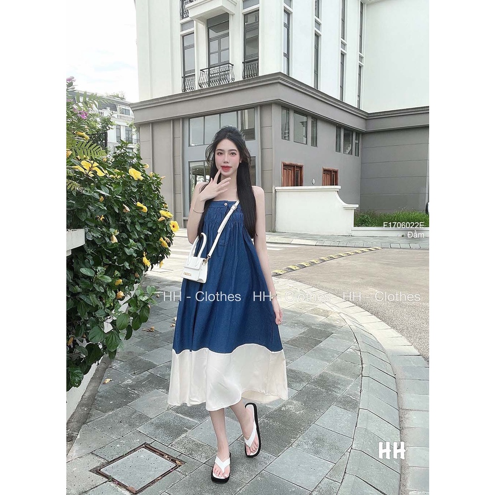 Đầm kiểu jean demin tà phối màu chun ngực 2 dây!