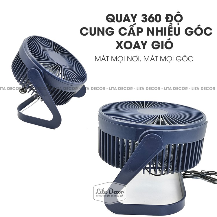 Quạt mini để bàn làm việc văn phòng Lita Decor công suất lớn 5W gió cực mát xoay 360 độ, cánh to 21cm, mã QM02