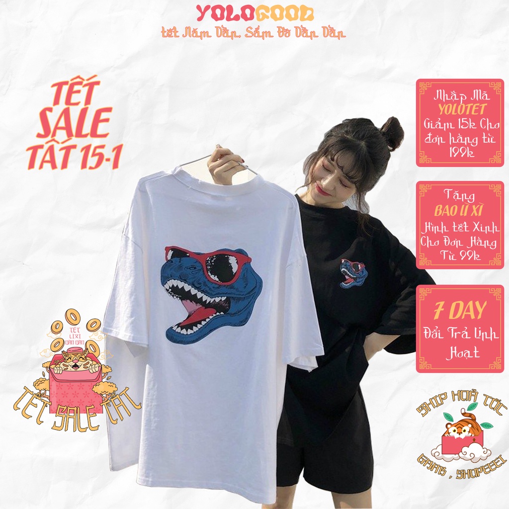Áo thun tay lỡ  KHỦNG LONG  form rộng, phông Unisex nam nữ, tee oversize, pull Ulzzang Streetwear Hàn Quốc vải mềm
