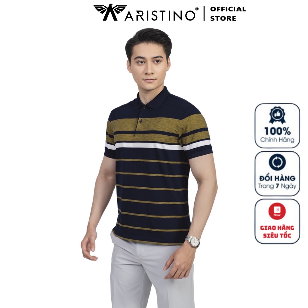 Áo Thun Polo Nam Ngắn Tay Có Cổ Bẻ ARISTINO APS001S2 Áo Phông màu xanh rêu kẻ ngang vải cotton cao cấp dáng suông vừa