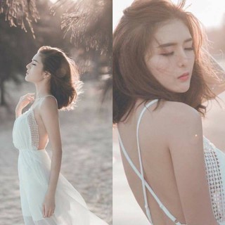 Đầm maxi trắng chéo dây lưng