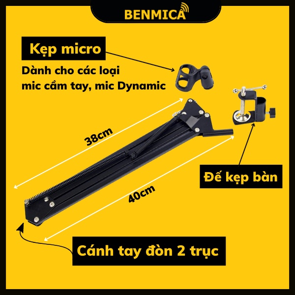 Chân kẹp bàn cho micro thu âm Benmica NB35 đỡ micro, điều chỉnh hướng thu linh hoạt - Hàng chính hãng