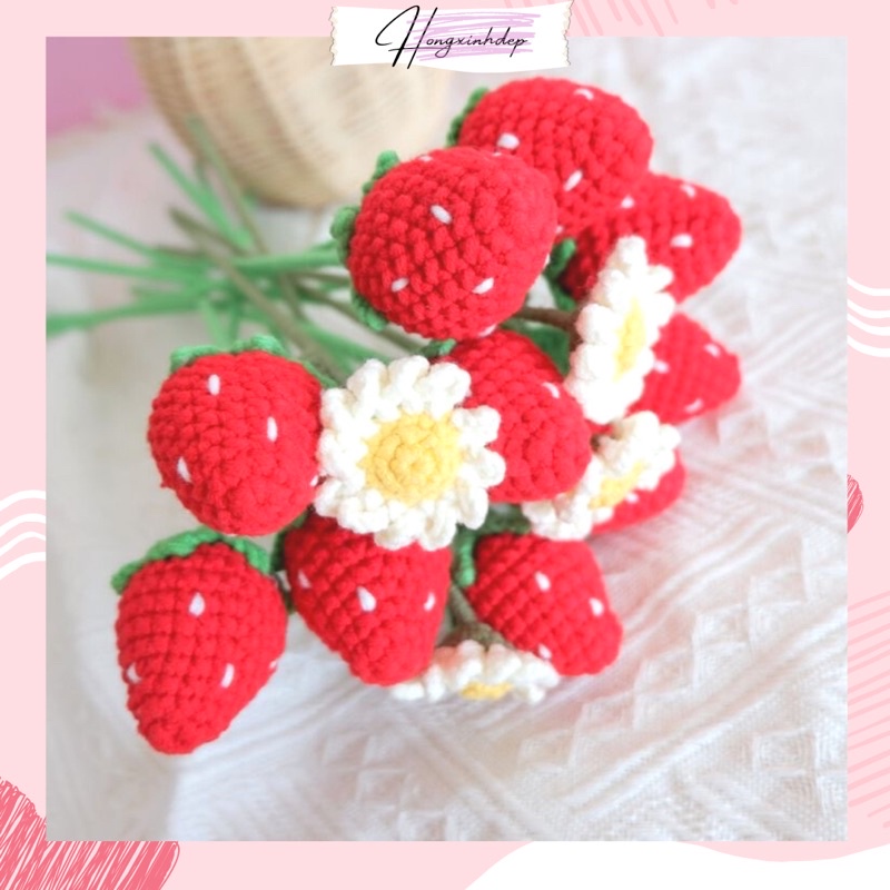 Hoa dâu tây bằng len, Bó hoa dâu tây len handmade tặng người yêu bạn bè