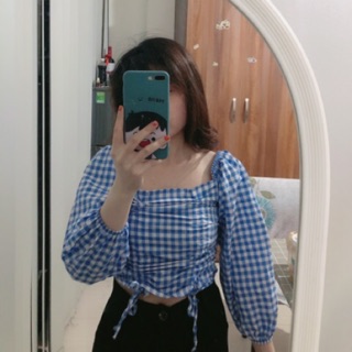 Áo kẻ caro tay bồng dây rút bo chun lưng dáng croptop (ảnh thật)