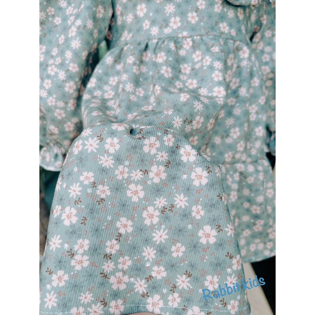 Váy Thu Đông BabyDoll Cho Bé Gái💝FREESHIP💝Rabbit Kids -Đầm Dài Tay Trẻ Em 8-32kg Nhung Tăm Hoa Xanh Mềm Mại