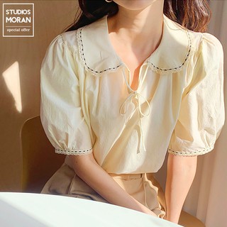 (HÀNG SẴN) Áo sơ mi MORAN tay phồng cổ bẻ thắt nơ búp bê đơn giản vintage nhẹ nhàng tiểu thư Hàn Quốc