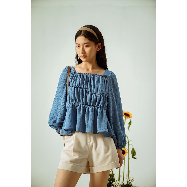 Áo kiểu Méo shop Spin tay bồng cổ vuông hoạ tiết nhún form rộng nhiều màu