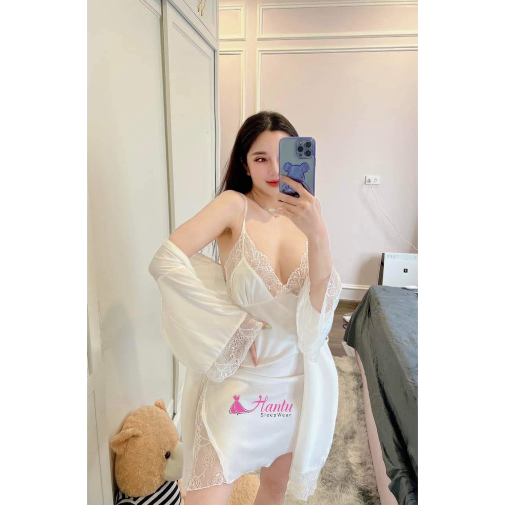 Set áo choàng kèm váy ngủ lụa ,Váy ngủ lụa 2 dây ,Áo choàng ngủ lụa phối ren Hantu Sleepwear đủ size,đủ màu -SETVINGO