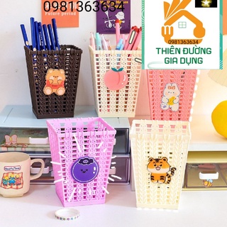 Ống cắm bút giỏ đan hình vuông , ống đựng bút để bàn màu hồng xinh xắn