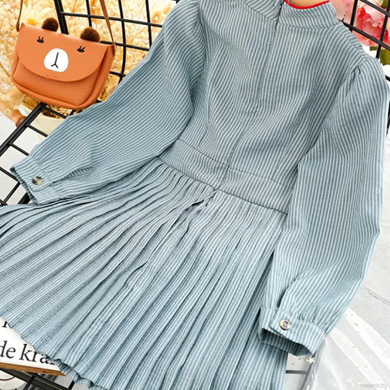 Đầm tay dài hoạ tiết kẻ sọc phong cách Retro cho bé gái