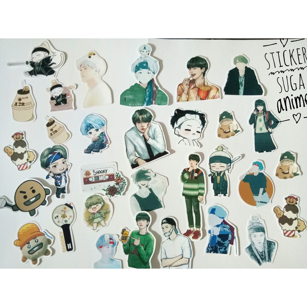 Bộ Sticker SUGA anime, chibi nhóm BTS, Tổng hợp ảnh Suga cute BT21 Shooky, nhãn dán trang trí.