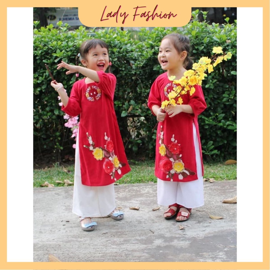 Bộ áo dài mẹ và bé đỏ gắn hoa thêu- M03