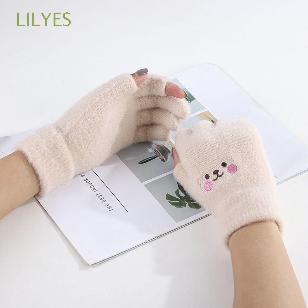 Găng tay len cashmere hở ngón giữ ấm họa tiết hoạt hình dễ thương thời trang mùa đông