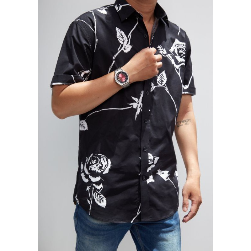 Áo sơ mi nam tay ngắn cotton in hoa văn trẻ trung thoáng mát nổi bật