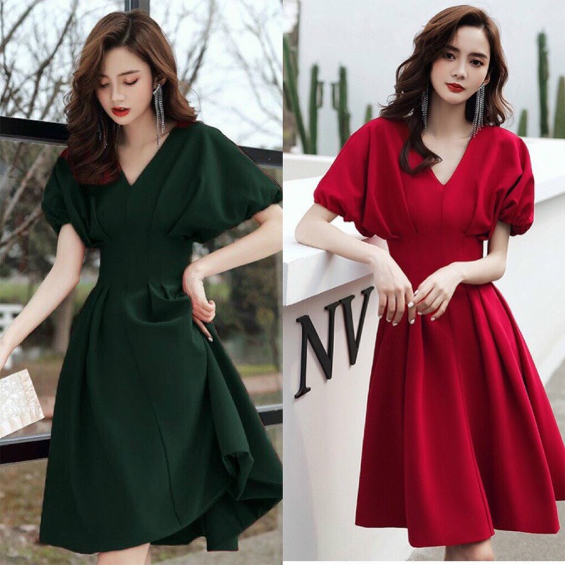 ĐẦM XÒE CỔ V TAY PHỒNG XẾP LY mã 8488