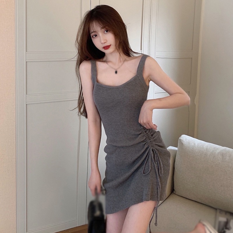 Đầm Cổ Vuông Dáng Ôm Màu Sắc Trơn Phối Dây Rút Thời Trang Mùa Hè Hàn Quốc Xinh Xắn