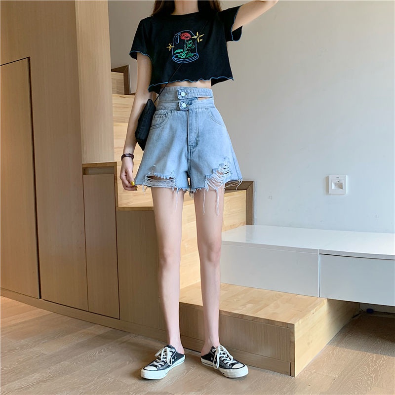 Quần Short Jean Rách Lưng Cao Ống Rộng Thời Trang Mùa Hè Hàn Quốc Mới Cho Nữ