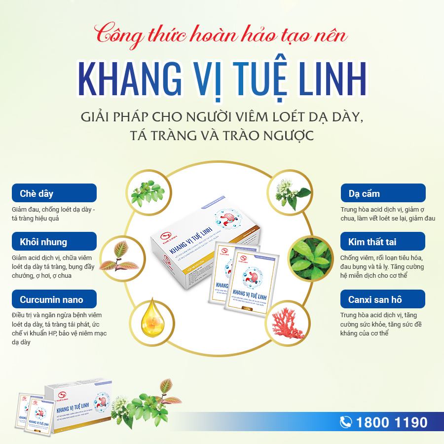 Khang vị Tuệ Linh  - Hộp 10 gói - Giảm viêm loét, trào ngược dạ dày - tá tràng, làm lành niêm mạc dạ dày