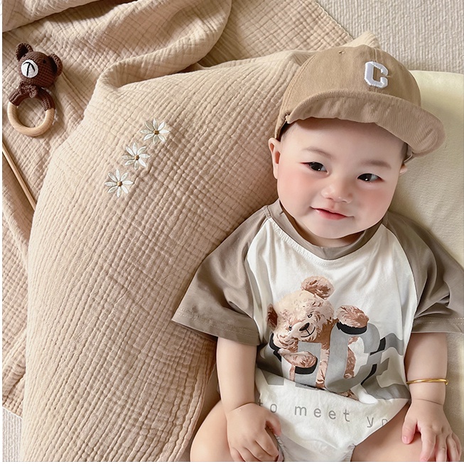 Bộ Áo Liền Quần Tam Giác Vải Mỏng In Hình Gấu Dễ Thương Thời Trang Mùa Hè Cho Bé