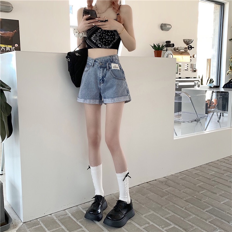 Quần Short Denim Lưng Cao Ống Rộng Plus Size Cho Nữ