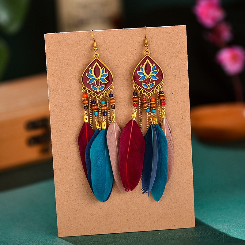 Bông tai dáng dài đính lông vũ thời trang phong cách Boho