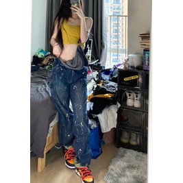 Honypove Quần yếm denim ống rộng phong cách hiphop thời trang đường phố cho nữ