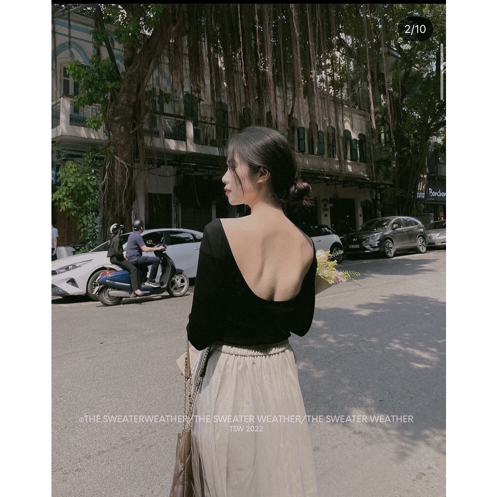 Áo thun hở lưng Sevensen dài tay ôm dáng dễ phối phong cách retro Mỹ Aogiaycatxelung189/P1K80
