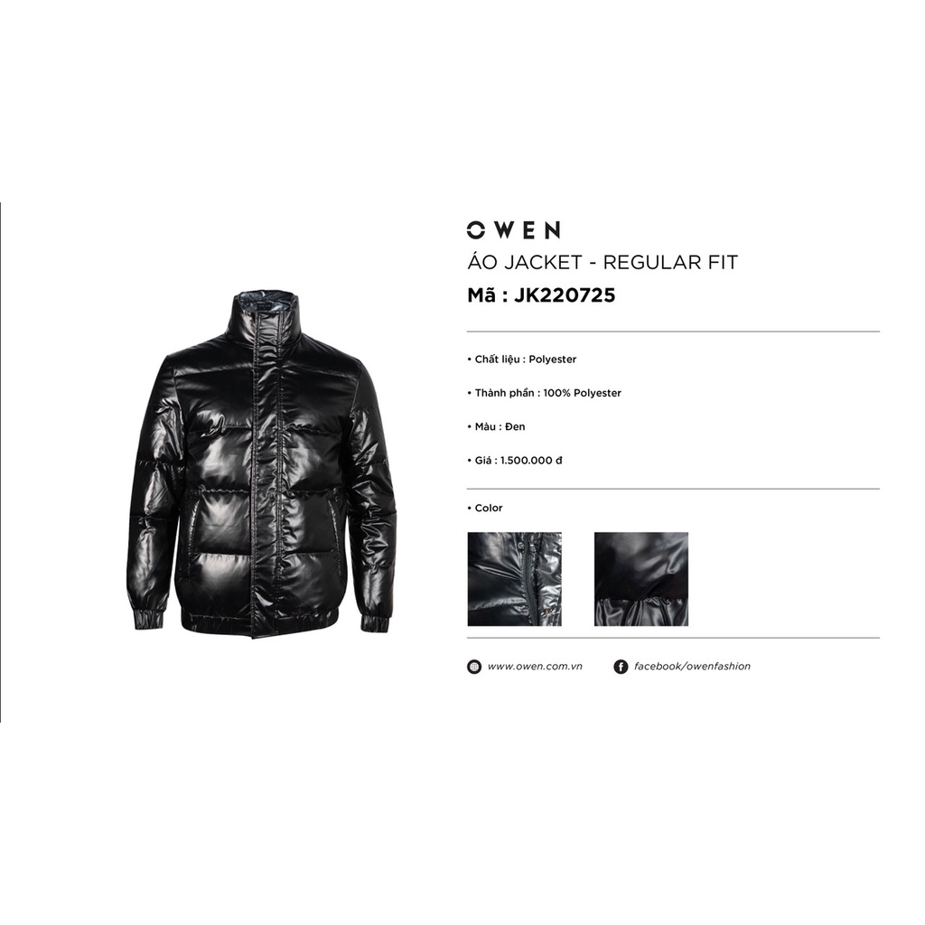 Áo Khoác Phao Nam Owen JK220725 Jacket Dáng Suông Không Mũ Cổ Đứng Bo Tay và Gấu Màu Đen Bóng Vải Polyester Cao Cấp