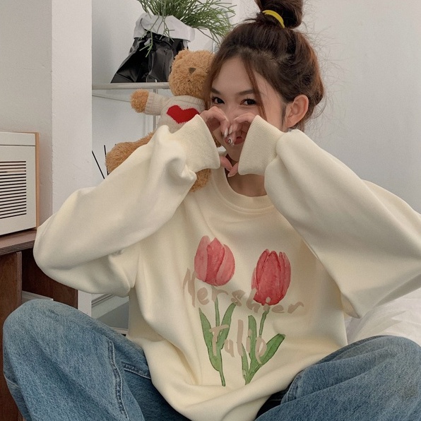 QOEDDV Áo sweater tay dài cổ tròn dáng rộng họa tiết đáng yêu phong cách Hàn Quốc dành cho nữ