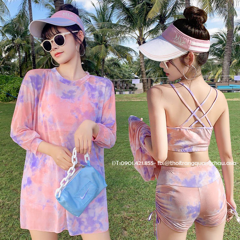 (Hàng Nhập-Ảnh thật) Đồ Bơi 3 Mảnh, Set Bikini có áo mặc ngoài Phong cách loang lổ Tie-Dye #8277
