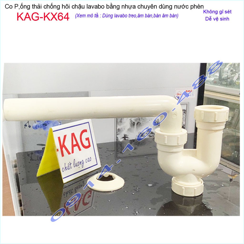 Ống thải lavabo KAG-KX64 nhựa 100%, ống xả co P chậu rửa mặt chống hôi có bầu lắng dễ vệ sinh không gỉ séc siêu bền