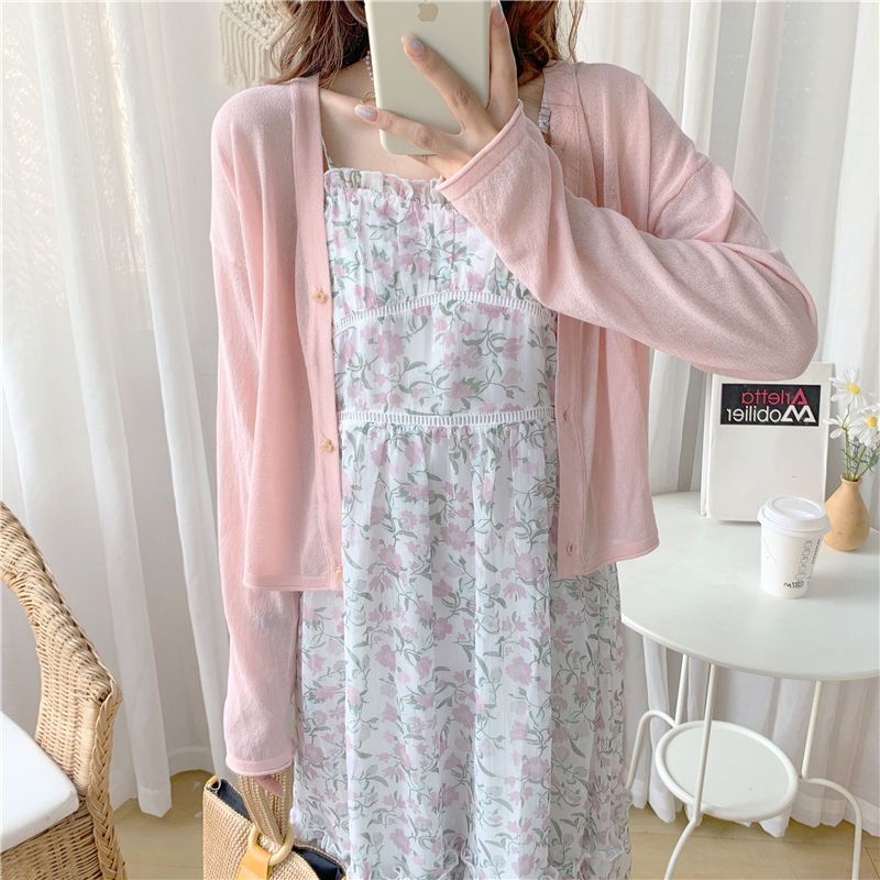 Áo Khoác Cardigan Dệt Kim Mỏng Dáng Ngắn Kèm Chân Váy Thời Trang Mùa Hè Cho Nữ