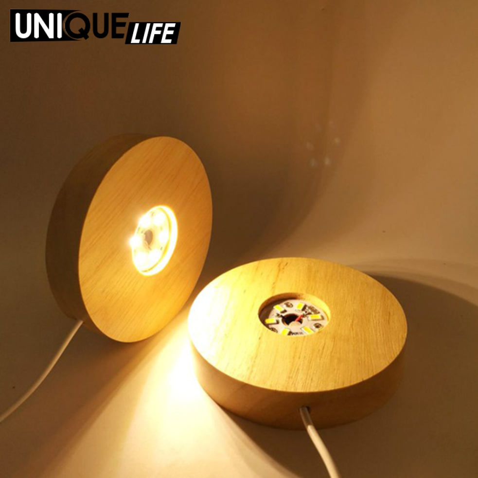 [Unique Life]LED Lights Display Base Wooden Lighted Stand Round Shaped Lamp Night Light Base Holder for DIY Crystal Glass Art Acrylic Board