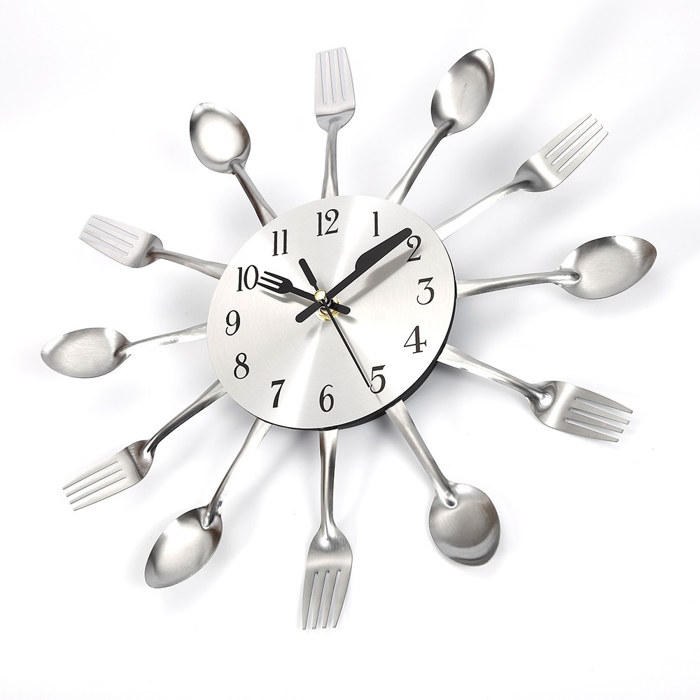 Silver Cutlery Fork Spoon Retro Wall Clock Modern Deco For Kitchen Home Office