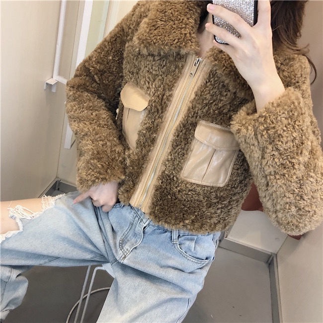 Lamb wool coat female autumn winter 2021 new style fur all-in-one short-style furry blouse is plush and thickened