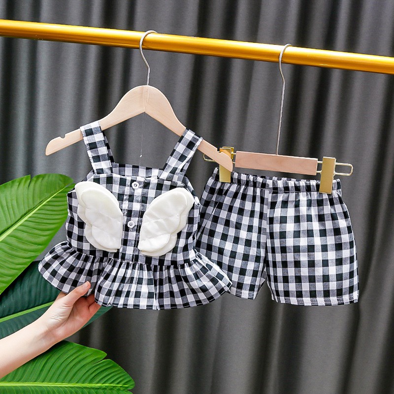 Bộ quần áo cộc bé gái họa tiết kẻ caro cotton mềm mát BC02 - BÉ NHÀ THỊ