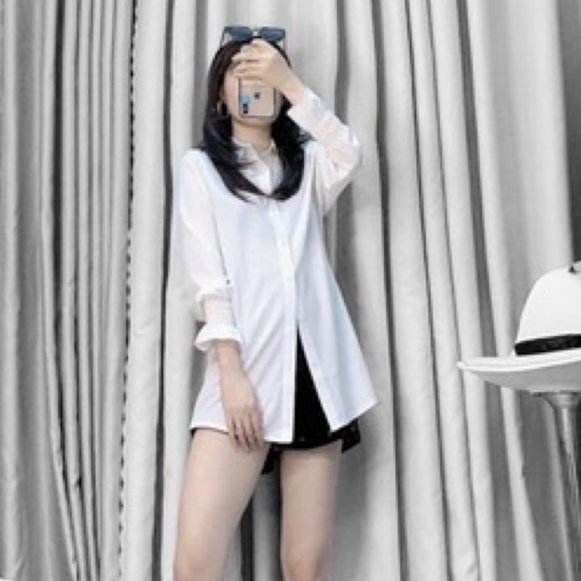 Áo sơ mi nữ trắng đi học tay dài bo nhúm cổ bẻ basic form rộng vừa