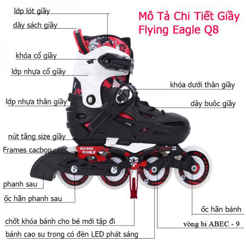 Giày patin trẻ em Flying Eagle Q8 cao cấp, 8 bánh cao su phát sáng - hàng chính hãng