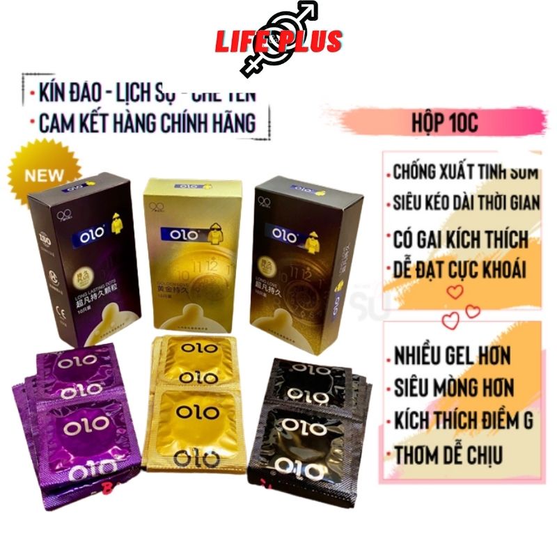 Bao cao su siêu mỏng OLO Dẹt Gai Tăng Thời Gian QH Nhiều Gel Bôi Trơn Hộp 10 bcs - Tặng Bao Cao Su LP01-Life Plus Store