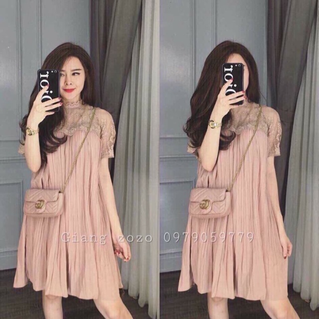 Váy suông xếp ly pha ren hoa