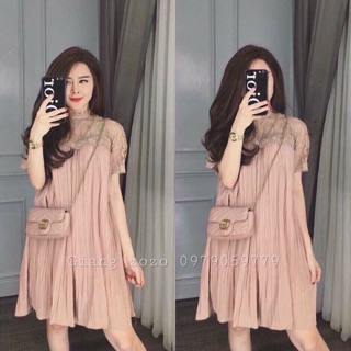 Váy suông xếp ly pha ren hoa