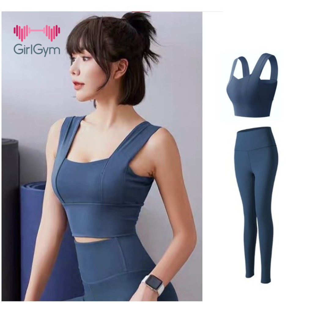 Bộ tập gym yoga earobic nữ, Sét quần dài và áo ba lỗ croptop có lót ngực chống sốc khi tập luyện Girl Gym