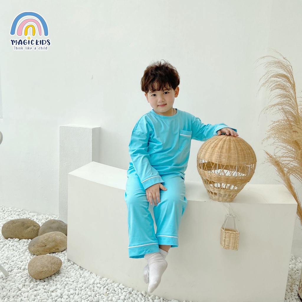 Bộ đồ ngủ dài tay cotton trơn cho bé trai bé gái Magickids Quần áo trẻ em thu đông thấm hút mồ hôi co giãn BR21042