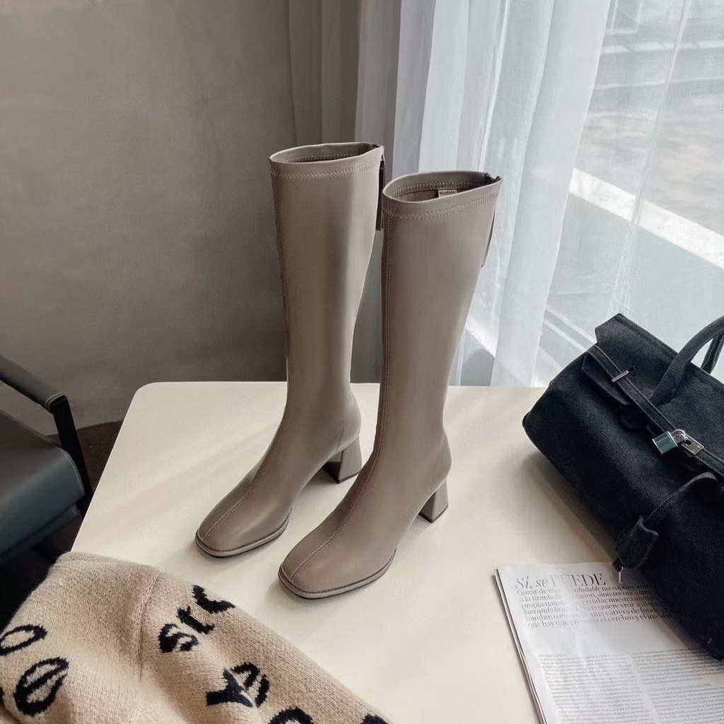 giày boot dưới gối da mềm gót vuông bóng 5cm mã E1001-2k