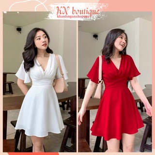 Váy dự tiệc trắng đầm đỏ đi tiệc đẹp váy nữ dáng xòe tay loe cổ tim đầm dạo phố chất liệu cotton mịn K N Boutique