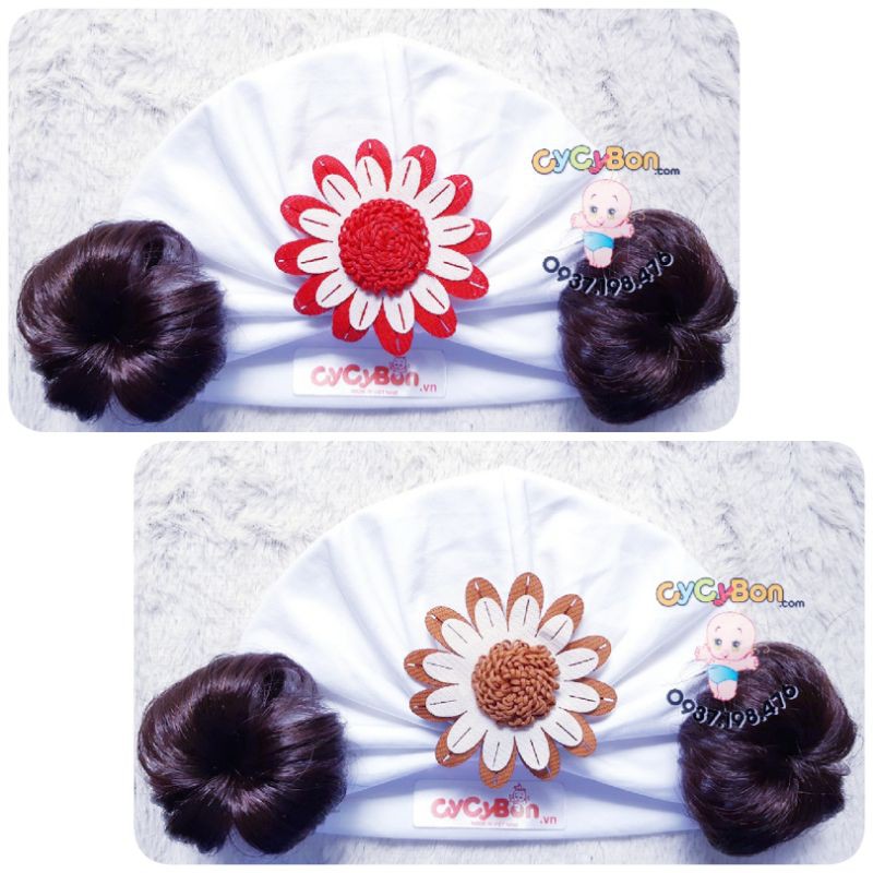 Mũ Nón Turban Tóc Giả Cho Bé Gái Màu Trắng Đính Bông Cúc Chất Vải Cotton Co Giãn Thoải Mái Có Size Bé Sơ Sinh!