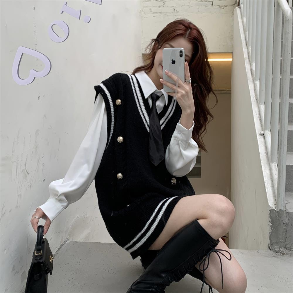 Bộ Áo Sơ Mi Dài Tay + Áo Khoác Dệt Kim Màu Sắc Tương Phản Phong Cách Retro Hàn Quốc Cho Nữ