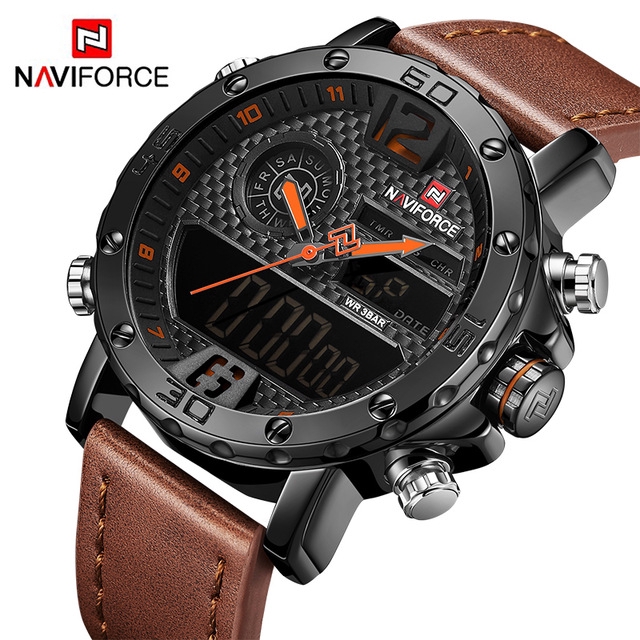 NAVIFORCE NF9134 Men Sport Fashion Leather Band Analog Digital Watch