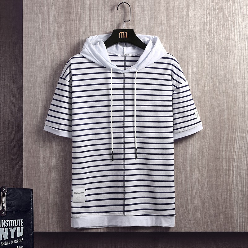 Áo Hoodie Tay Ngắn Dáng Rộng Họa Tiết Kẻ Sọc Phong Cách Hong Kong Thời Trang Mùa Hè Mới Cho Nam